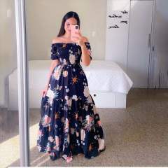 Fashion Printed Maxi Dress Plus Size Off Shoulder Boho Dresses PQ9070