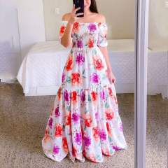 Fashion Printed Maxi Dress Plus Size Off Shoulder Boho Dresses PQ9070