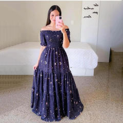 Fashion Printed Maxi Dress Plus Size Off Shoulder Boho Dresses PQ9070