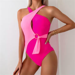 Two-Tone One-Piece Swimsuit for Womens Monokini Halter Swimwear Bathers PQ2402