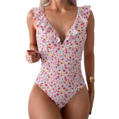 Floral Print One-Piece Swimsuit, V-Neck Ruffle Trim Bathing Suit Swimwear PQ-10048