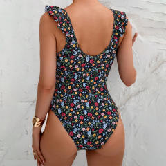 Floral Print One-Piece Swimsuit, V-Neck Ruffle Trim Bathing Suit Swimwear PQ-10048