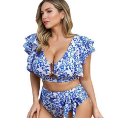 Floral Print Two-Piece Swimsuit, Plus Size Bikini Top Bathers for Plump Women PQ5095