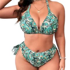 Women Two Piece Paisley Print Halter Bikini Set Plus Size Swimwear PQ4038