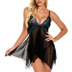 V-neck Mesh Babydoll Lingerie For Women Sexy Lace Floral Sleepwear PQ1664