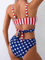 Women's American Flag Bikini Set, Stars and Stripes Wrap Style Swimwear PQ0218