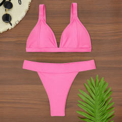 V-Neck Bikini Set Two Piece Swimwear for Women Solid Color Bathers PQ5012