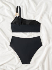 Black Two Piece Swimsuit, One Shoulder Bandeau Bikini PQ-CC600