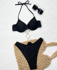 Black Halter Bikini Set with Metal Ring Detail, Two Piece Swimsuit, PQ-G222WY