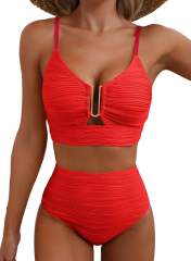 Women's High Waisted Bikini Set, Textured Two Piece Swimsuit with Metal Clasp PQ2421