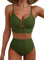 Women's High Waisted Bikini Set, Textured Two Piece Swimsuit with Metal Clasp PQ2421