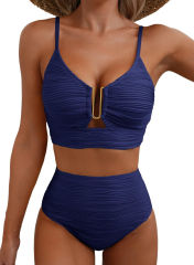 Women's High Waisted Bikini Set, Textured Two Piece Swimsuit with Metal Clasp PQ2421