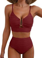 Women's High Waisted Bikini Set, Textured Two Piece Swimsuit with Metal Clasp PQ2421