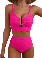 Women's High Waisted Bikini Set, Textured Two Piece Swimsuit with Metal Clasp PQ2421