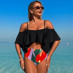 Women's High Waist Swimsuit Ruffle Off-Shoulder Top with Zebra Print Bottom PQ2516