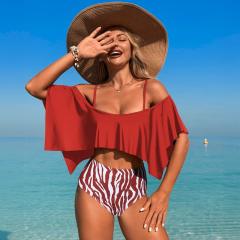 Women's High Waist Swimsuit Ruffle Off-Shoulder Top with Zebra Print Bottom PQ2516