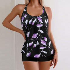 Women's Leaf Print Tankini Set, Adjustable Straps Swimwear PQ-XY919