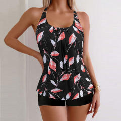 Women's Leaf Print Tankini Set, Adjustable Straps Swimwear PQ-XY919
