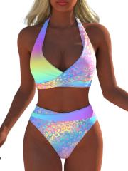 Women's Rainbow Leopard Print Halter Bikini Set, Tie Back Beach Swimwear PQ-A29A20