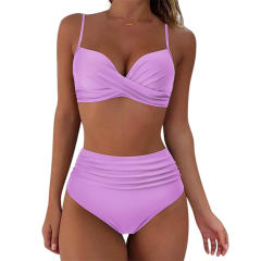 Ladies High Waist Two Piece Swimsuit, Push Up Solid Color Beach Wear PQ3404