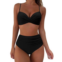 Ladies High Waist Two Piece Swimsuit, Push Up Solid Color Beach Wear PQ3404
