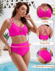 Women's Two-Piece Bikini Set, High Waist Ruched Bottom with Gold Ring PQ-TLK074