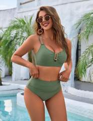 Women's Two-Piece Bikini Set, High Waist Ruched Bottom with Gold Ring PQ-TLK074