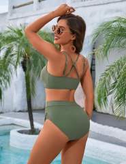 Women's Two-Piece Bikini Set, High Waist Ruched Bottom with Gold Ring PQ-TLK074