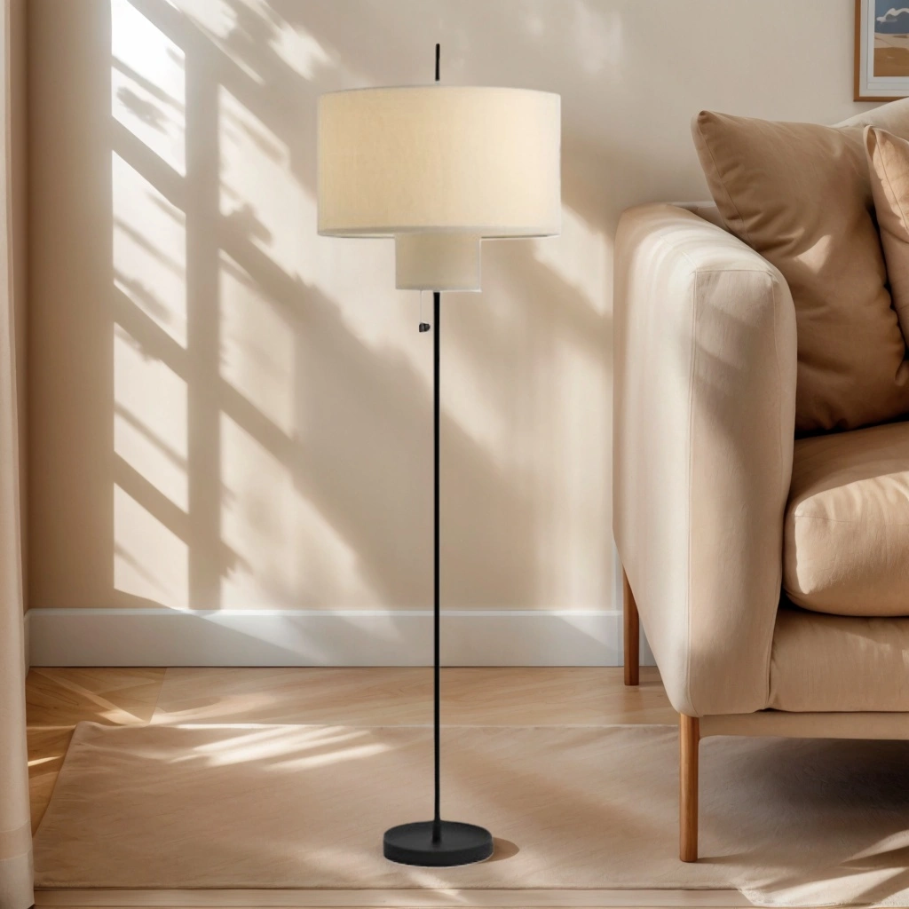 Adjustable modern floor lamp with wooden base and fabric shade