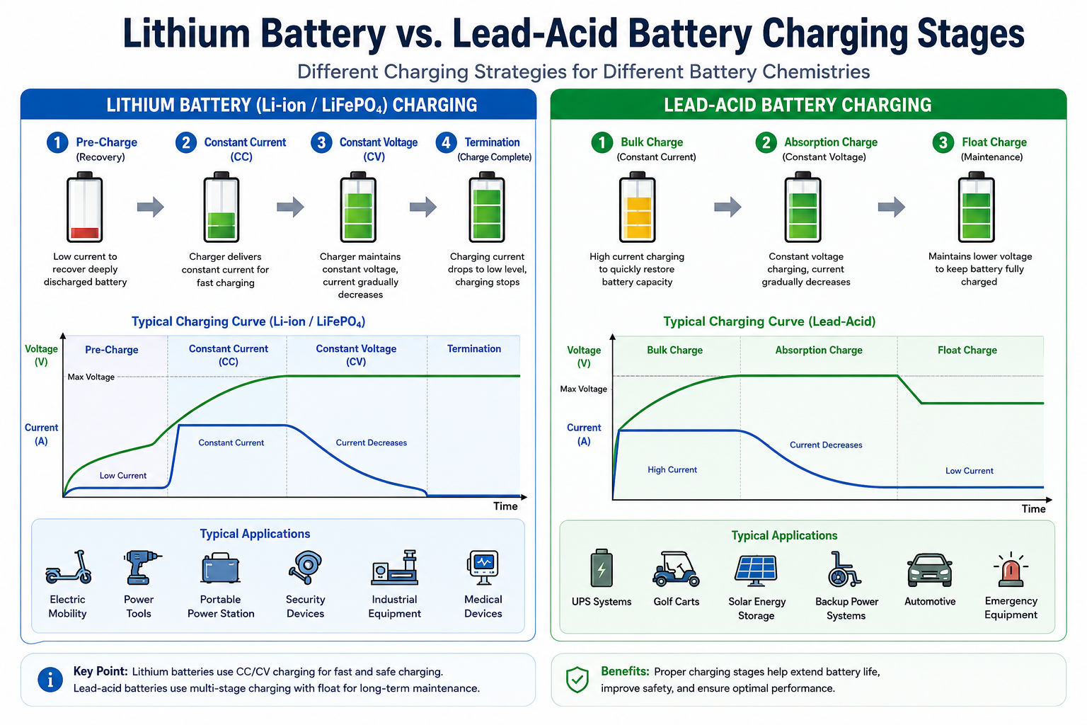 Comparison chart showing lithium battery CC CV charging and lead acid multi stage charging process