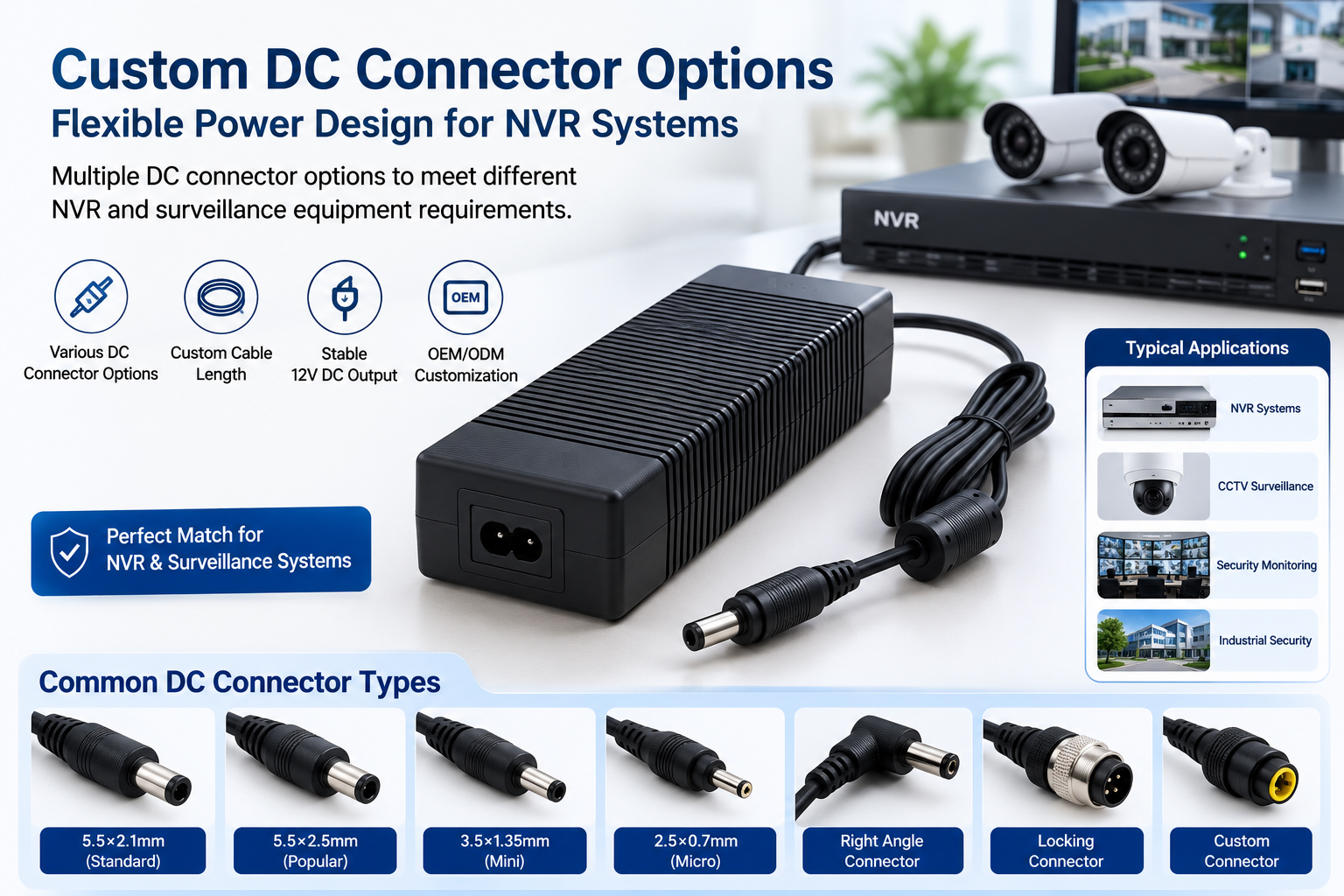 Custom DC connector options for NVR power supply adapters