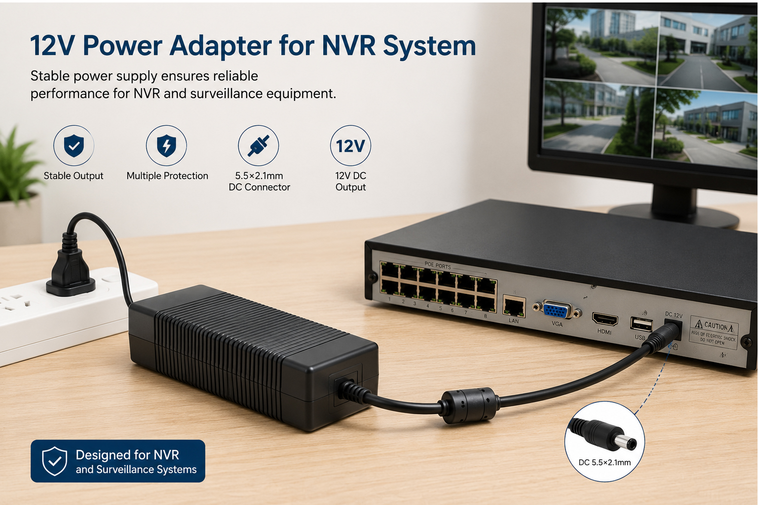 12V power adapter for NVR system and CCTV surveillance equipment