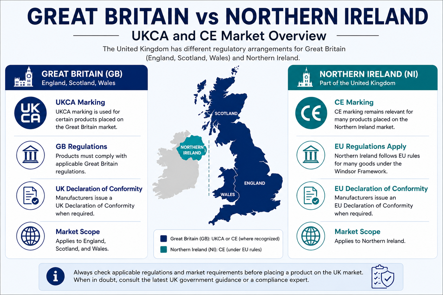 Map showing UKCA requirements for Great Britain and CE requirements for Northern Ireland