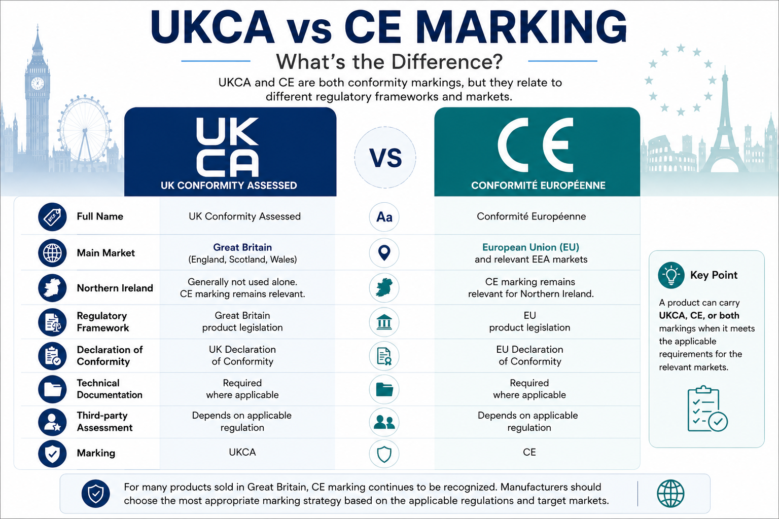 Comparison of UKCA and CE conformity marking requirements for Great Britain and European markets