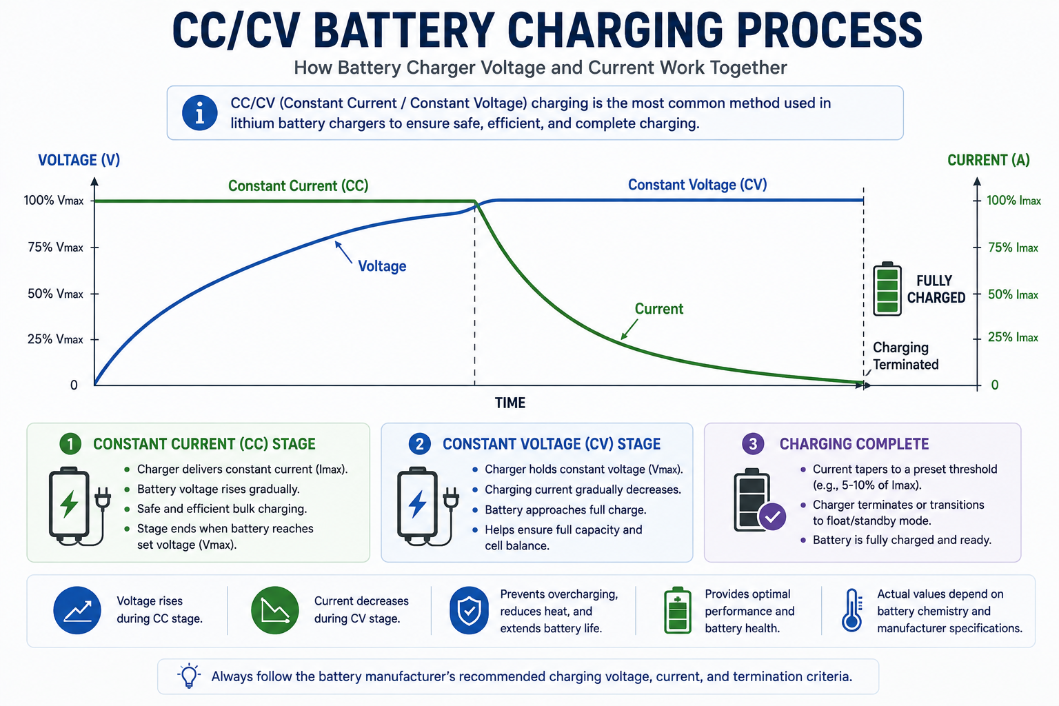 CC CV battery charging process showing constant current and constant voltage stages