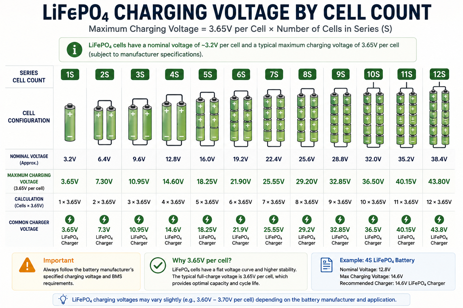 LiFePO4 charging voltage by battery cell count