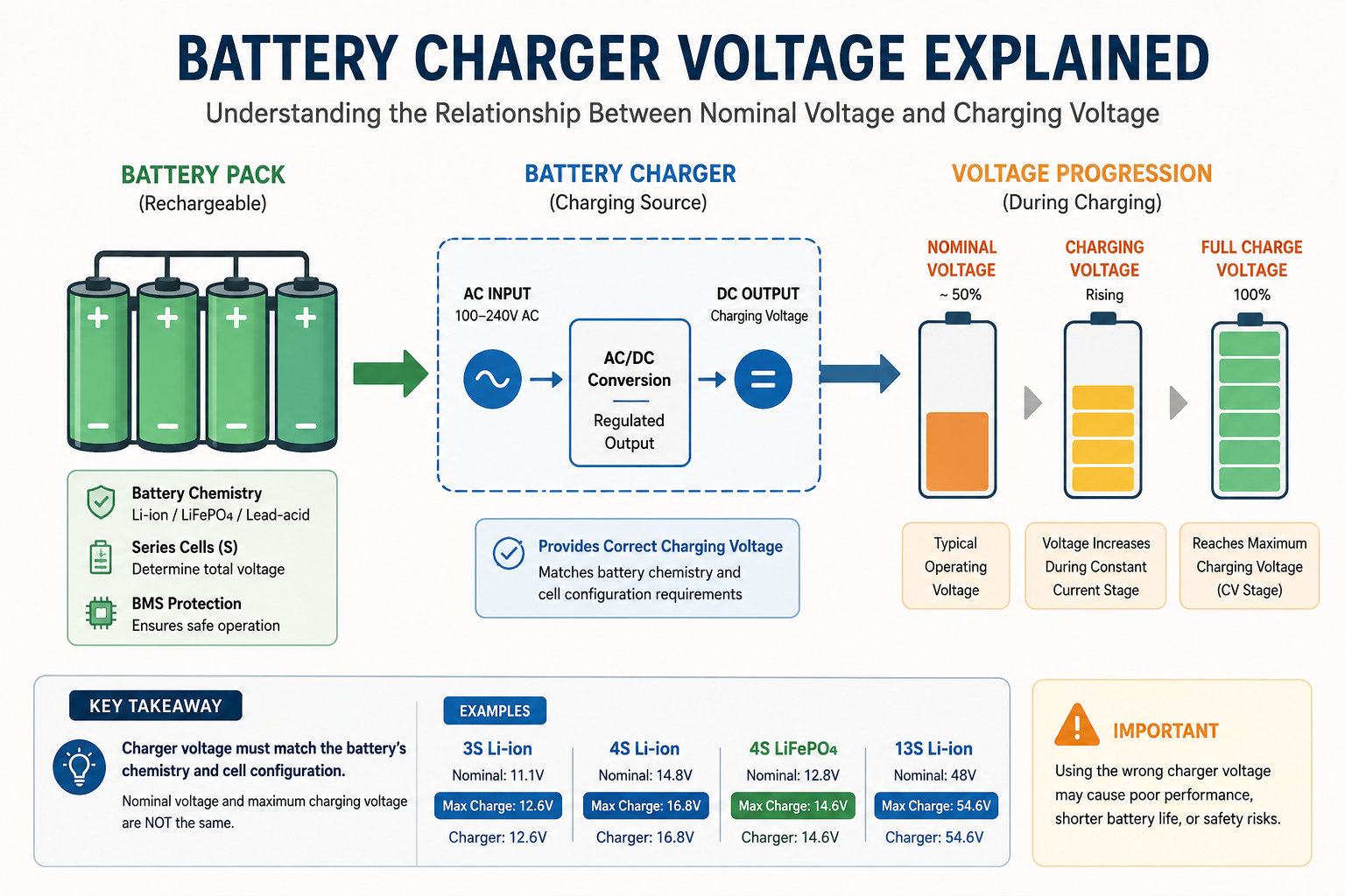Diagram explaining the relationship between battery nominal voltage and battery charger charging voltage
