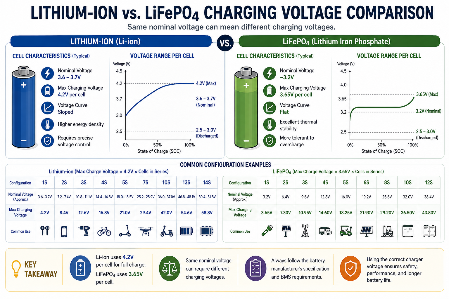 Lithium-ion and LiFePO4 charging voltage comparison by battery configuration
