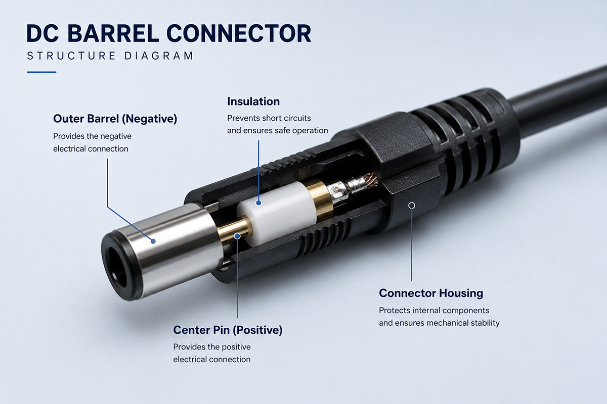 DC barrel connector structure and dimensions