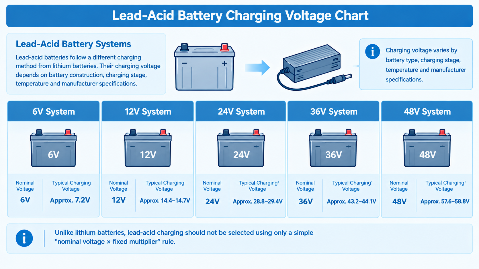 Ladespannungstabelle für Blei-Säure-Batterien für 6-V-, 12-V-, 24-V-, 36-V- und 48-V-Batteriesysteme