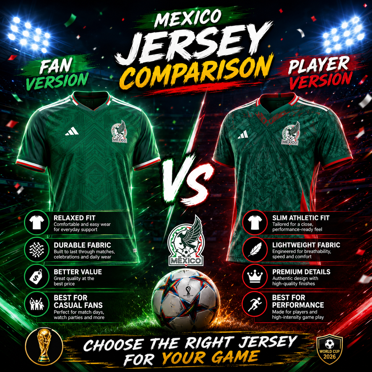 Fan version and player version Mexico soccer jerseys compared for 2026 World Cup fans