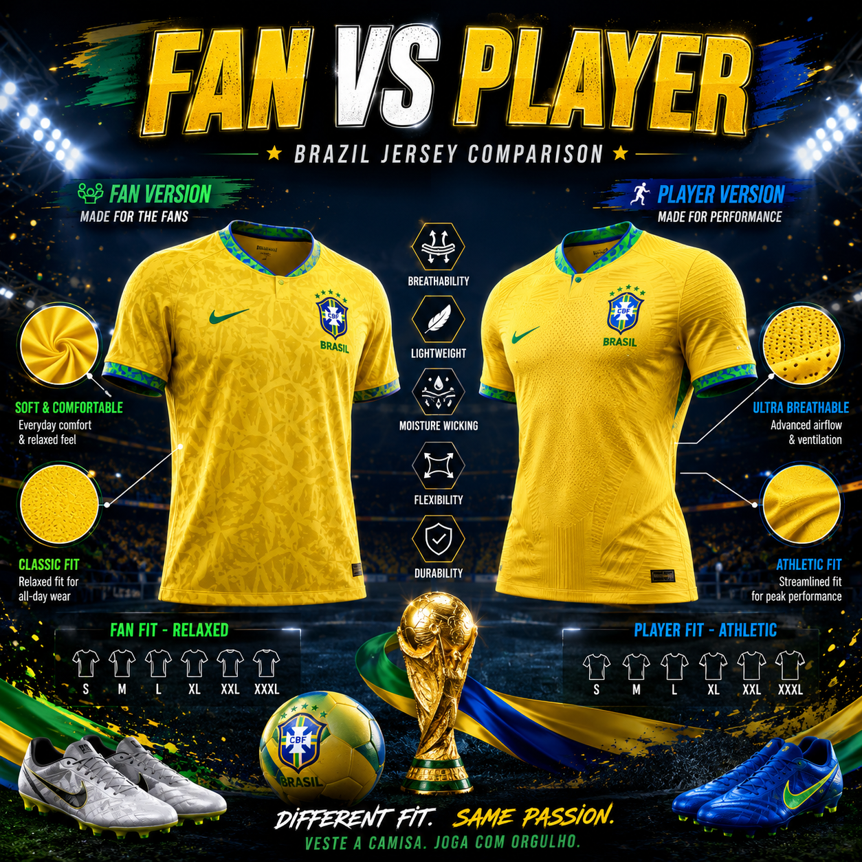 Fan and player Brazil jerseys compared with fit and fabric details