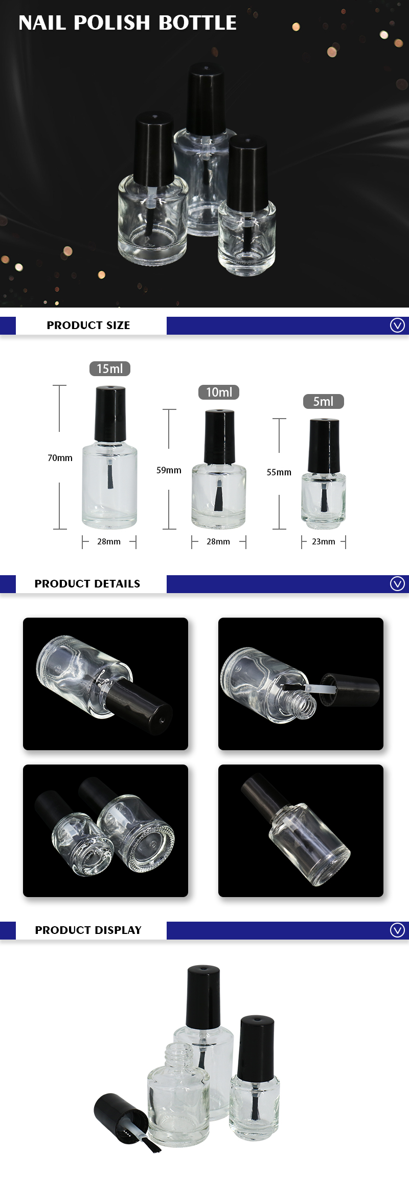 Customized Round Clear Glass Nail Polish Container 5ml 10ml 15ml With Brush Lid