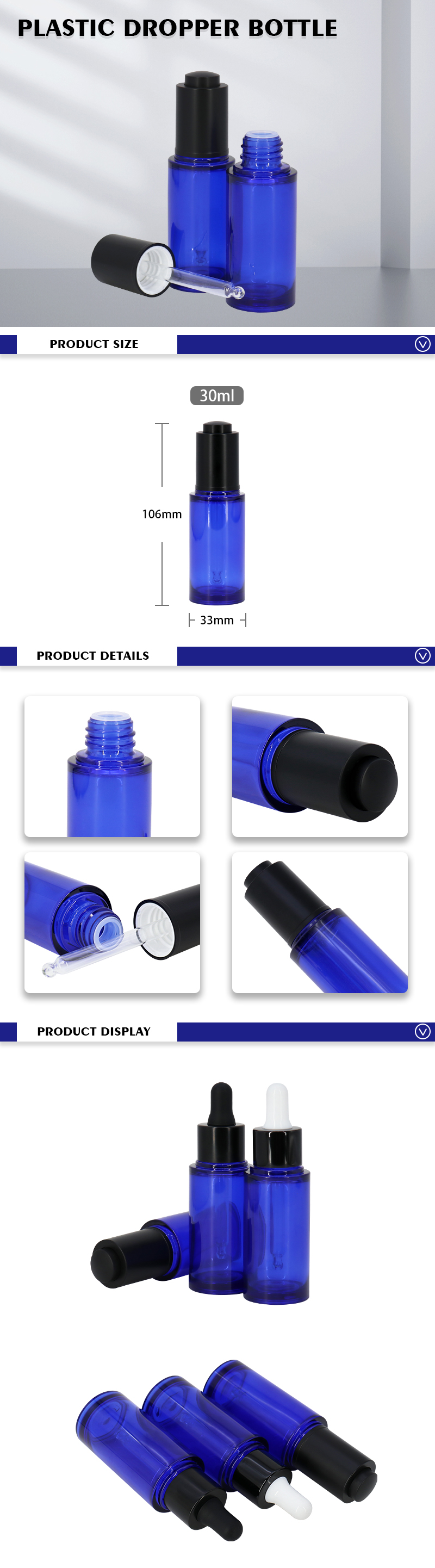 50ml Blue Plastic Serum Bottle With Dropper Anti Bacterial Round Bottom