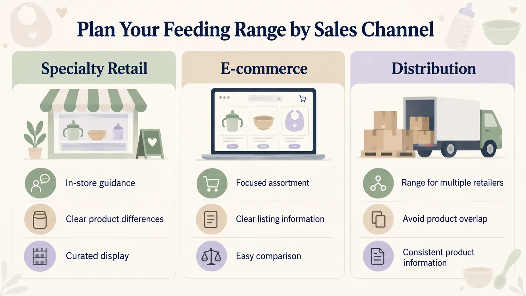 Baby feeding product range planning by sales channel: specialty retail, e-commerce, and distribution.