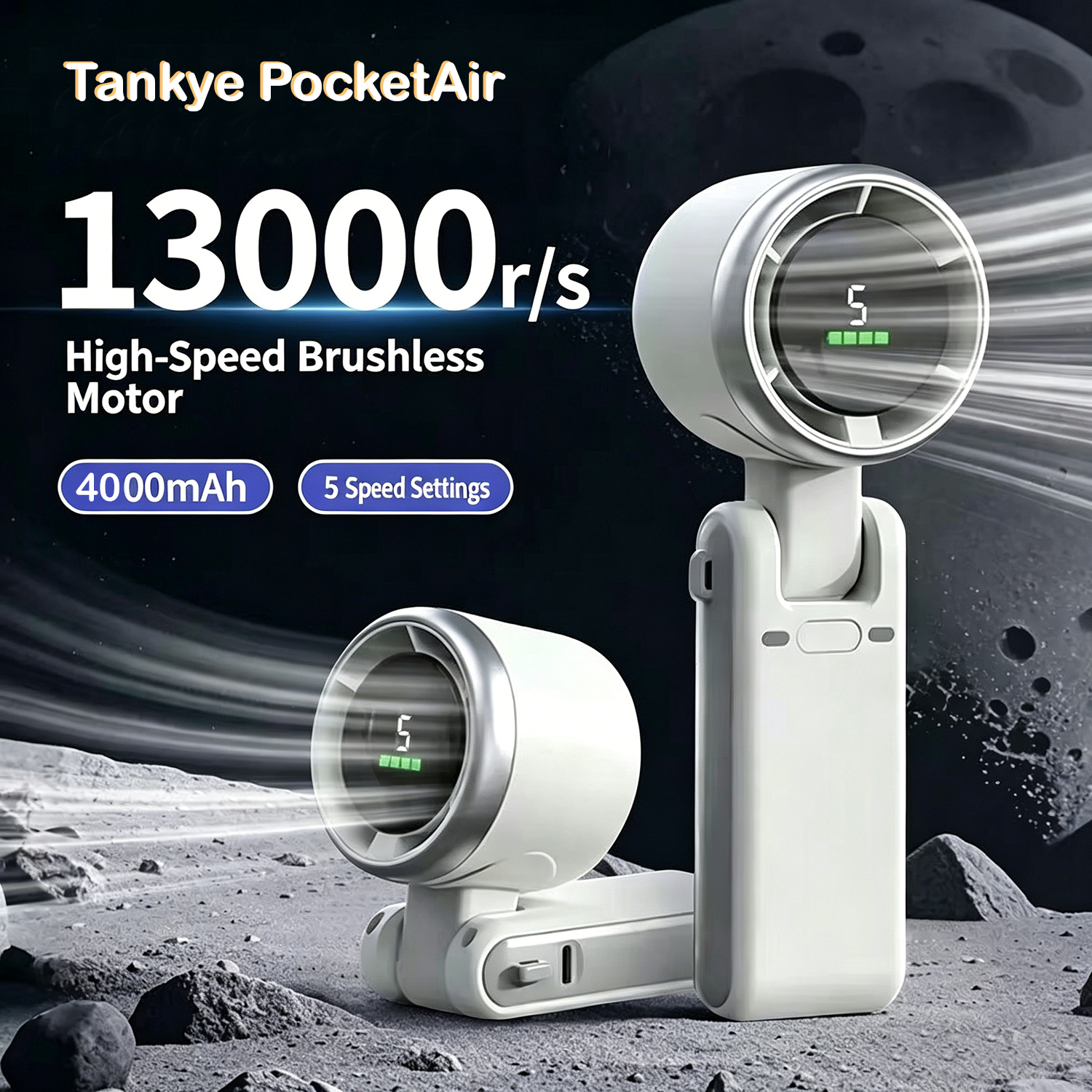 Tankye PocketAir Portable Handheld Turbo Fan - 5 Gear High Speed 4000mAh Rechargeable Mini Personal Hand Fan Blow Cold Air, Battery Operated