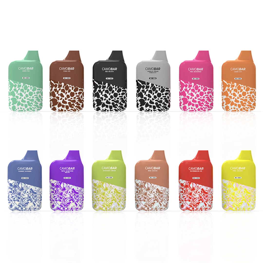 10 MX8000 e-cigarettes with different leopard print colors and flavors.