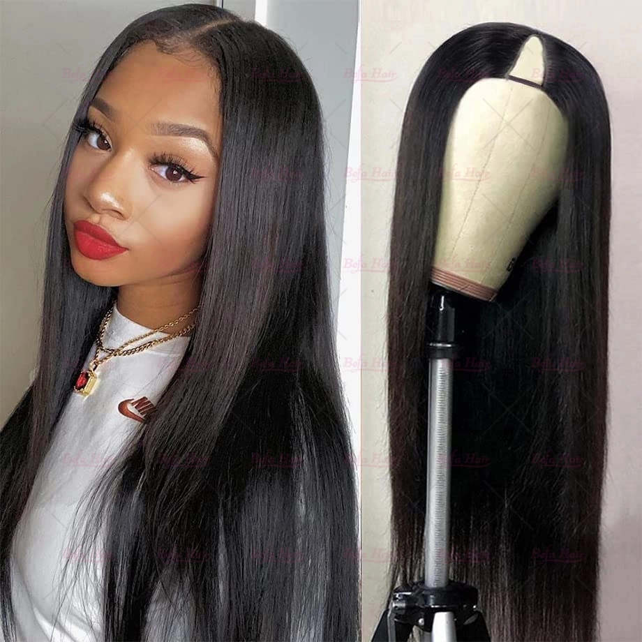 Brazilian virgin straight V part human hair wig with pre-plucked middle part