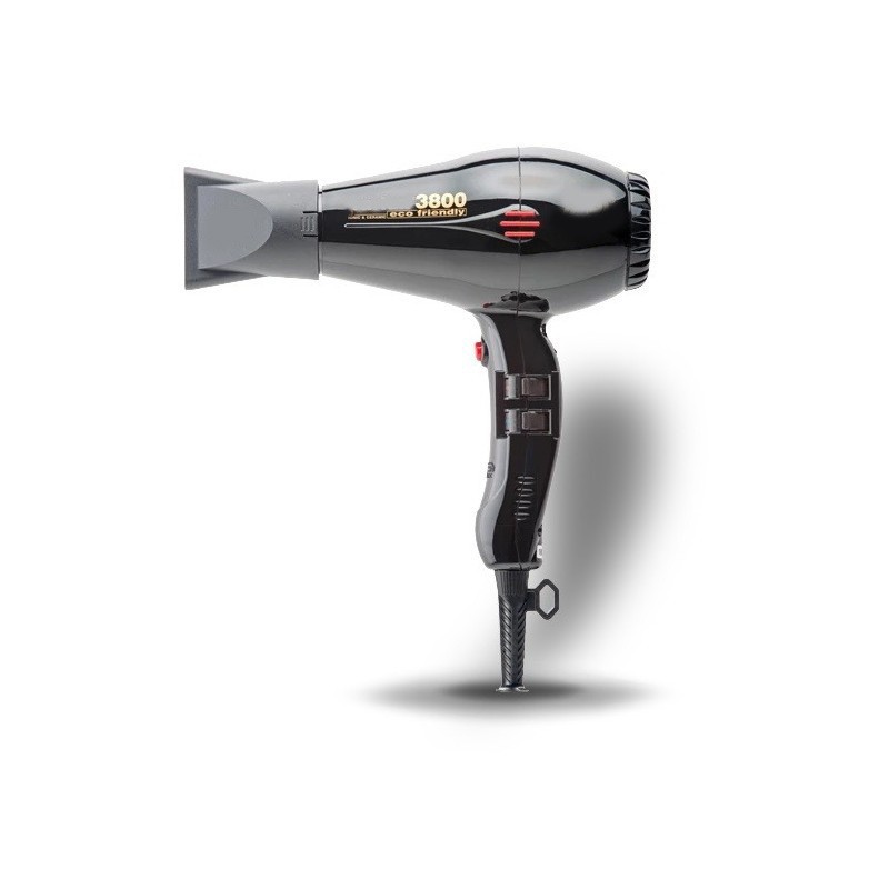 Black glossy handheld hair dryer with concentrator nozzle, side view