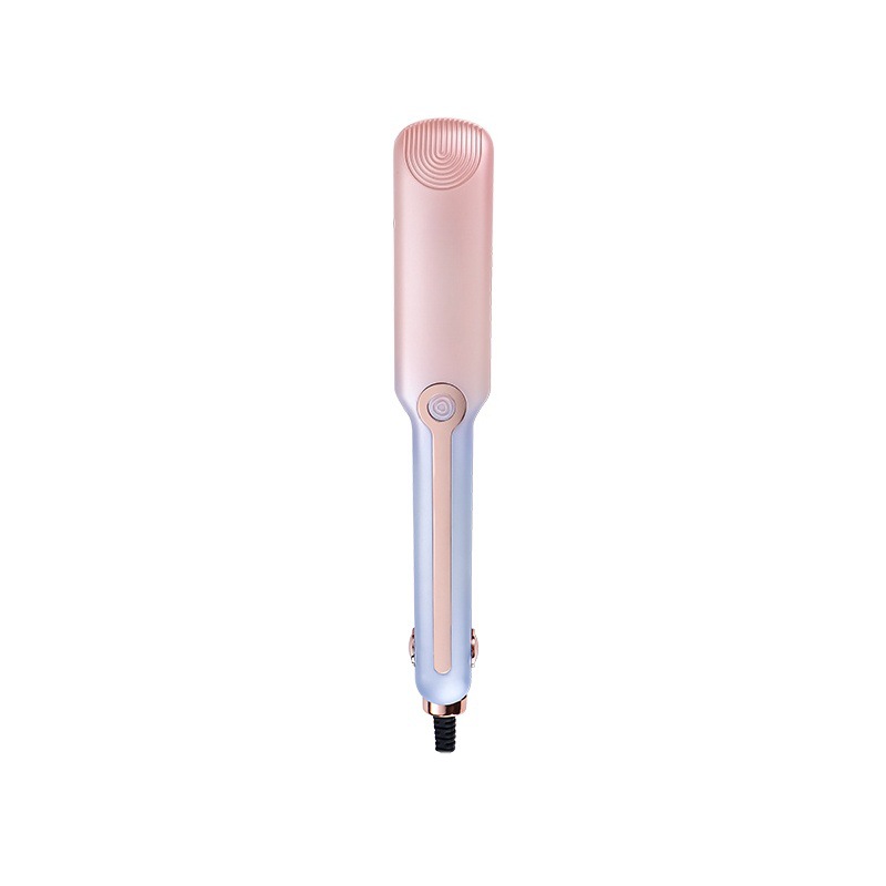 Hair straightening brush with rose gold and pale blue body.